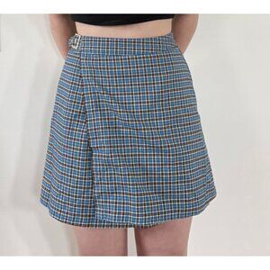Brandy Melville Plaid Wrap Mini Skirt Side Buckle Spandex Blend Blue White Sz S